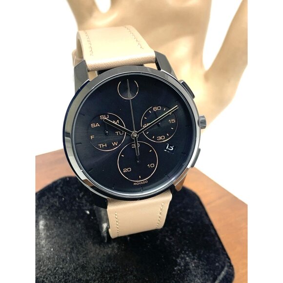 Movado Men's Watch 3600719 Swiss Quartz Chronograph Black Dial Leather Band 42mm - Picture 1 of 14